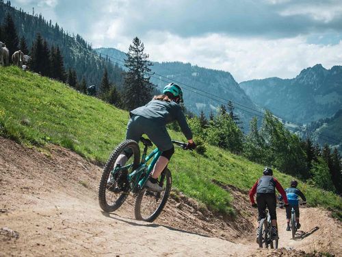 Downhill Biker auf der Abfahrt im sommer