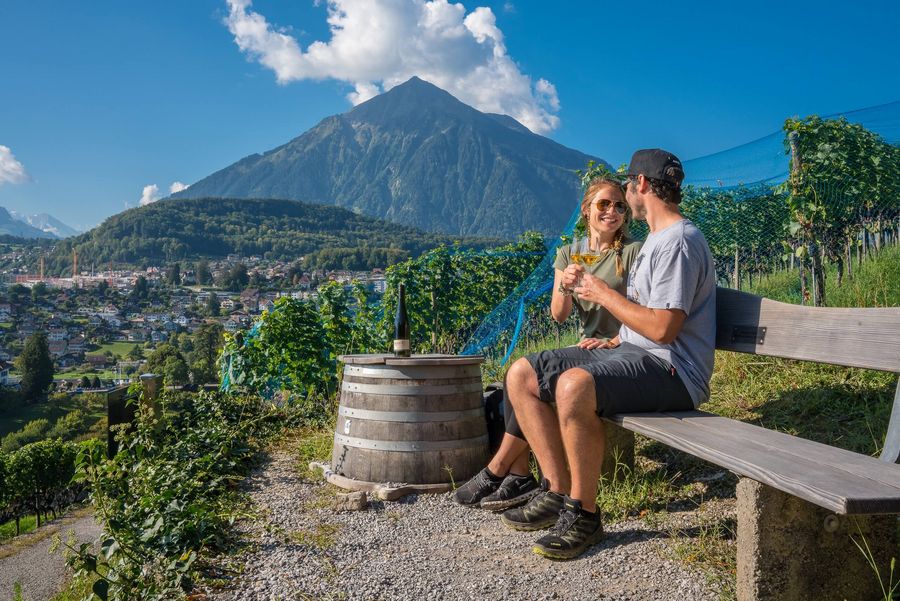 Verliebtes Paar geniesst auf einer Sitzbank inmitten der Weinreben einen feinen Tropfen Spiezer Wein.